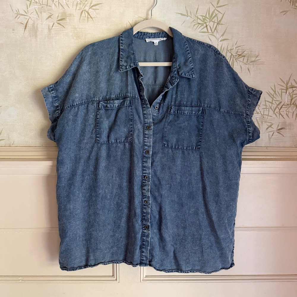 Jane + Delancey Chambray Lyocell Button Up Shirt Short Sleeve Acid Boxy XL